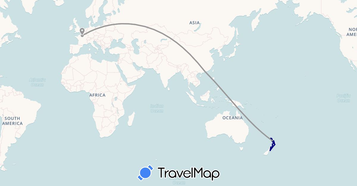 TravelMap itinerary: driving, plane in China, France, New Zealand (Asia, Europe, Oceania)